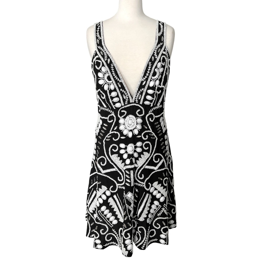Alexis Jerza Black White Beaded Embroidered V Neck Fit Flare Dress XL‎